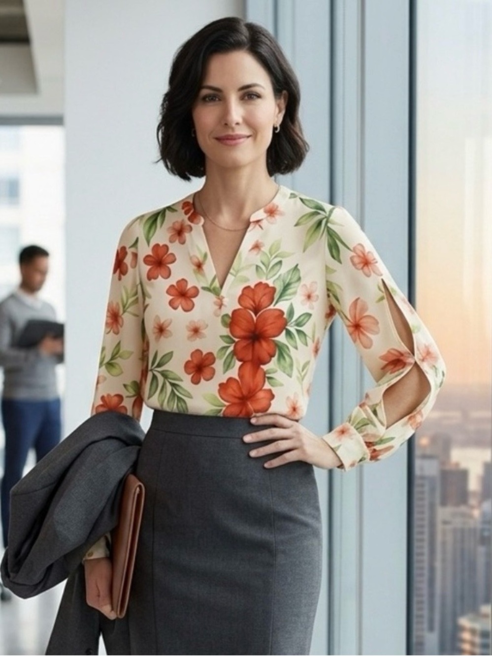 Foxcroft NY gorgeous floral blouse. Great detailing. Slit sleeves. size M.